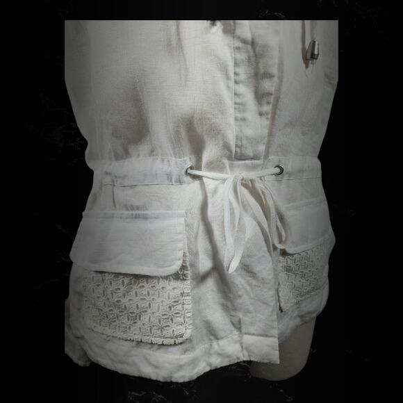 Saint Tropez West White Eyelet Linen Button Cinch Waist Utility Jacket Sz Medium - Picture 3 of 16
